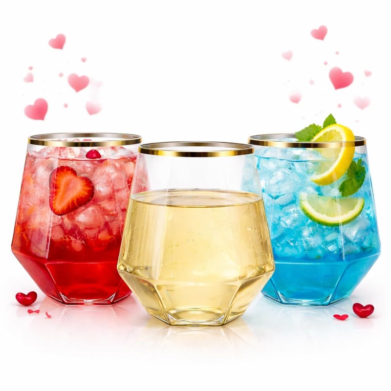 Oojami 40 count Diamond Unbreakable Stemless Plastic Wine Champagne Whiskey Glasses Elegant Durable Disposable Indoor Outdoor Ideal for Home, Office, Bars, Wedding, 12 Ounce Cups Gold Rim (Gold) - Image 1